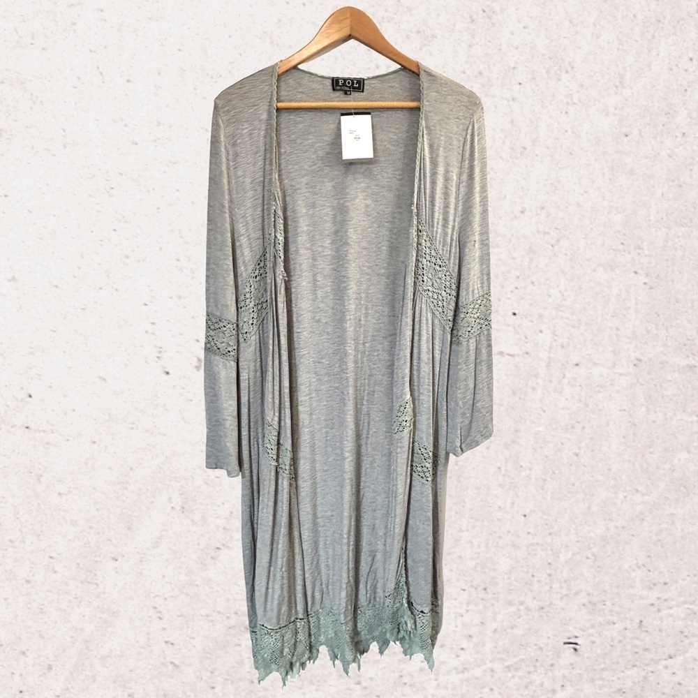 POL Women's Long Open Cardigan in Light Gray with Lace Trim
